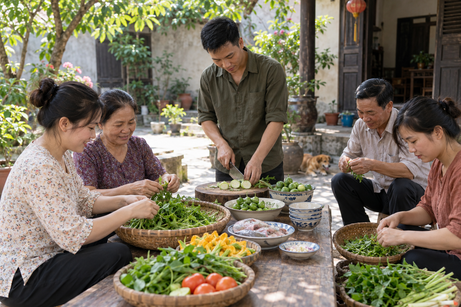 Nhóm hàng xóm cùng chuẩn bị một bữa cơm trong sân vườn