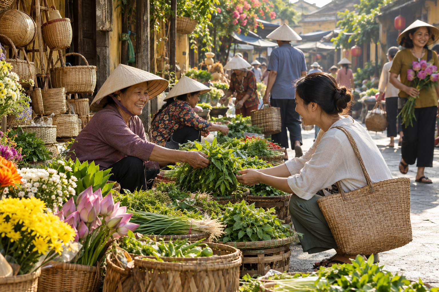 Chợ nhỏ với rau thơm, hoa và những chiếc giỏ tre