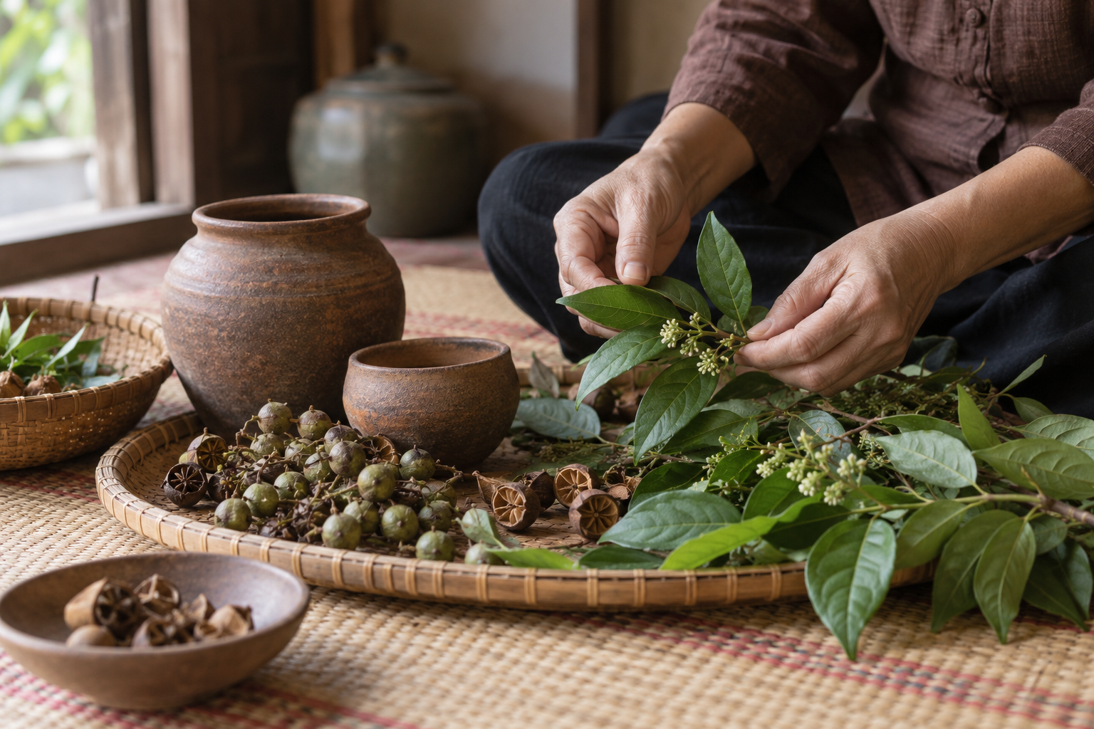 Bàn tay sắp xếp lá, hạt và đồ gốm trong nhà