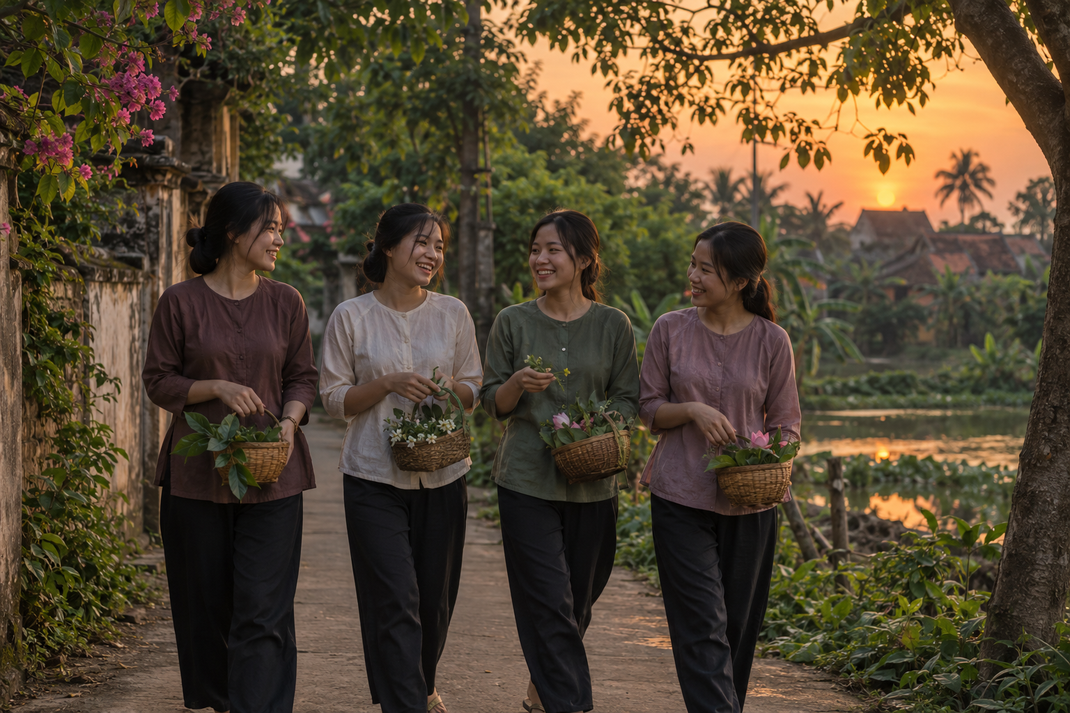 Nhóm bạn đi bộ trên lối làng với giỏ hoa và lá