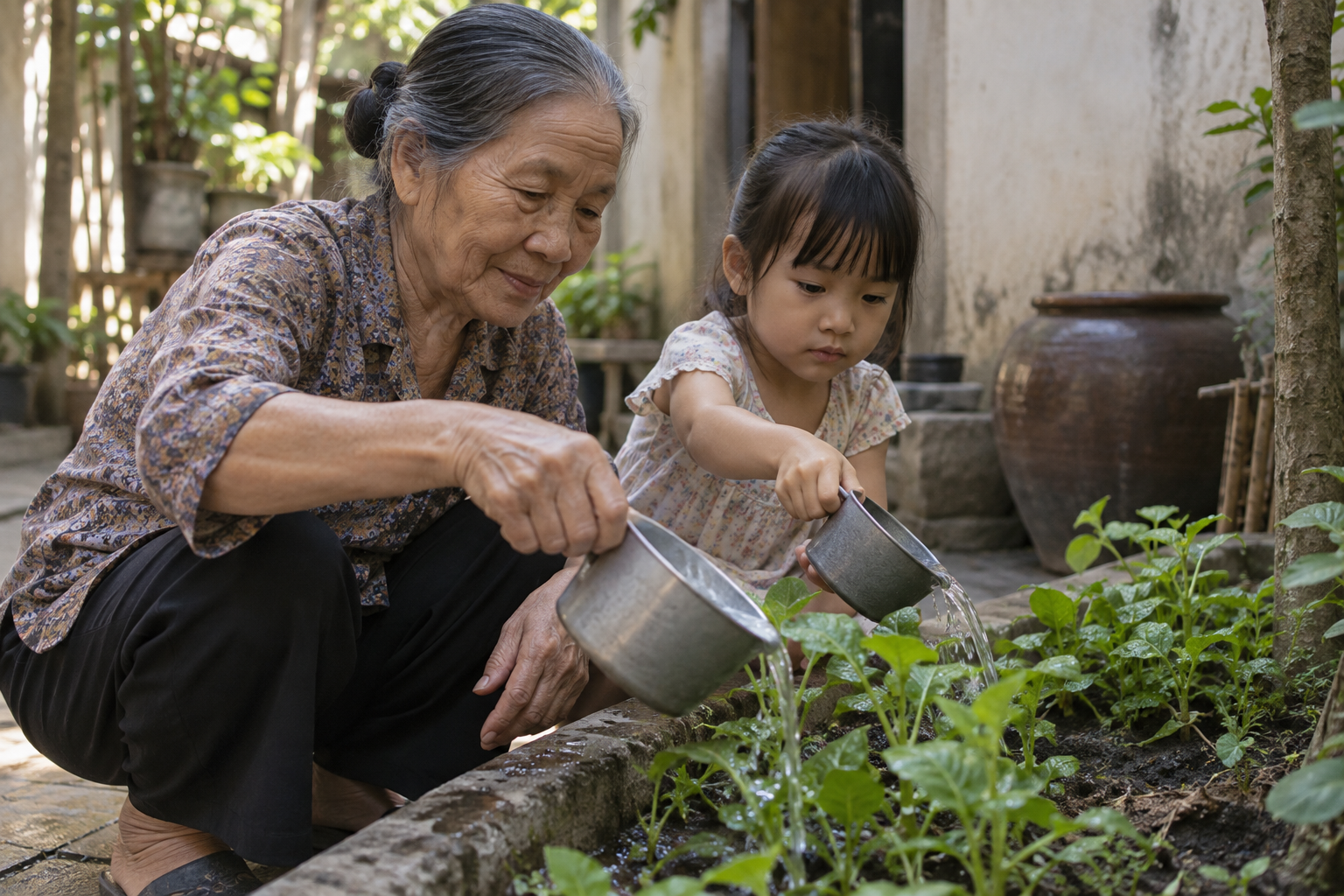 Bà và cháu cùng tưới những luống cây nhỏ