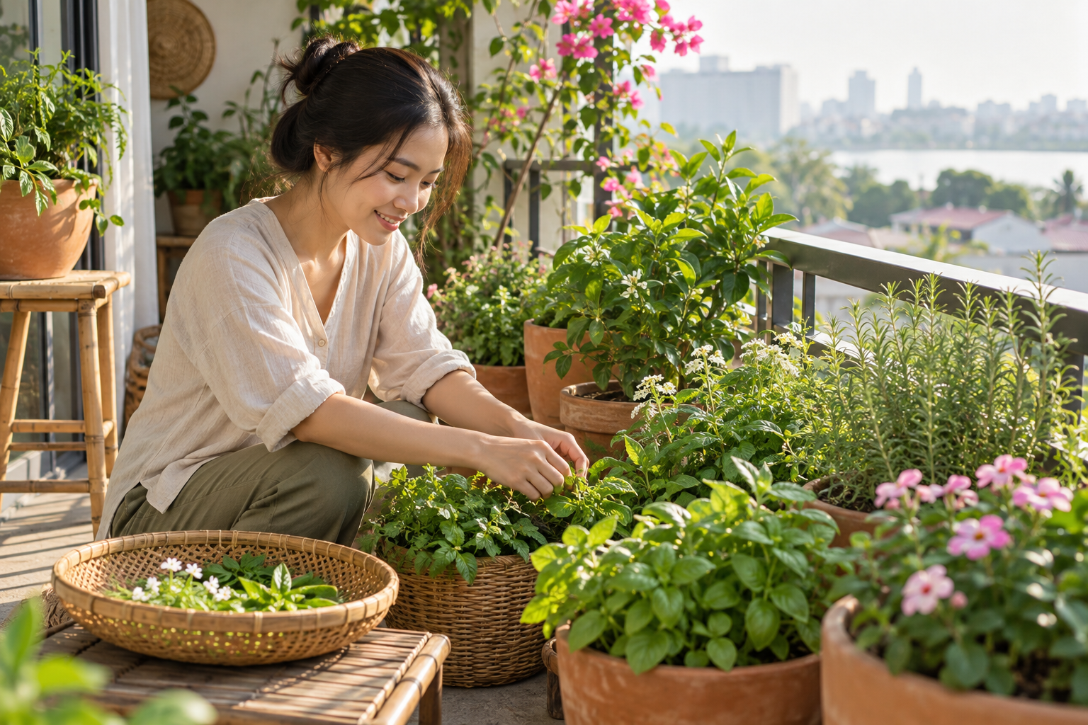 Người chăm một khu vườn ban công nhiều cây bản địa