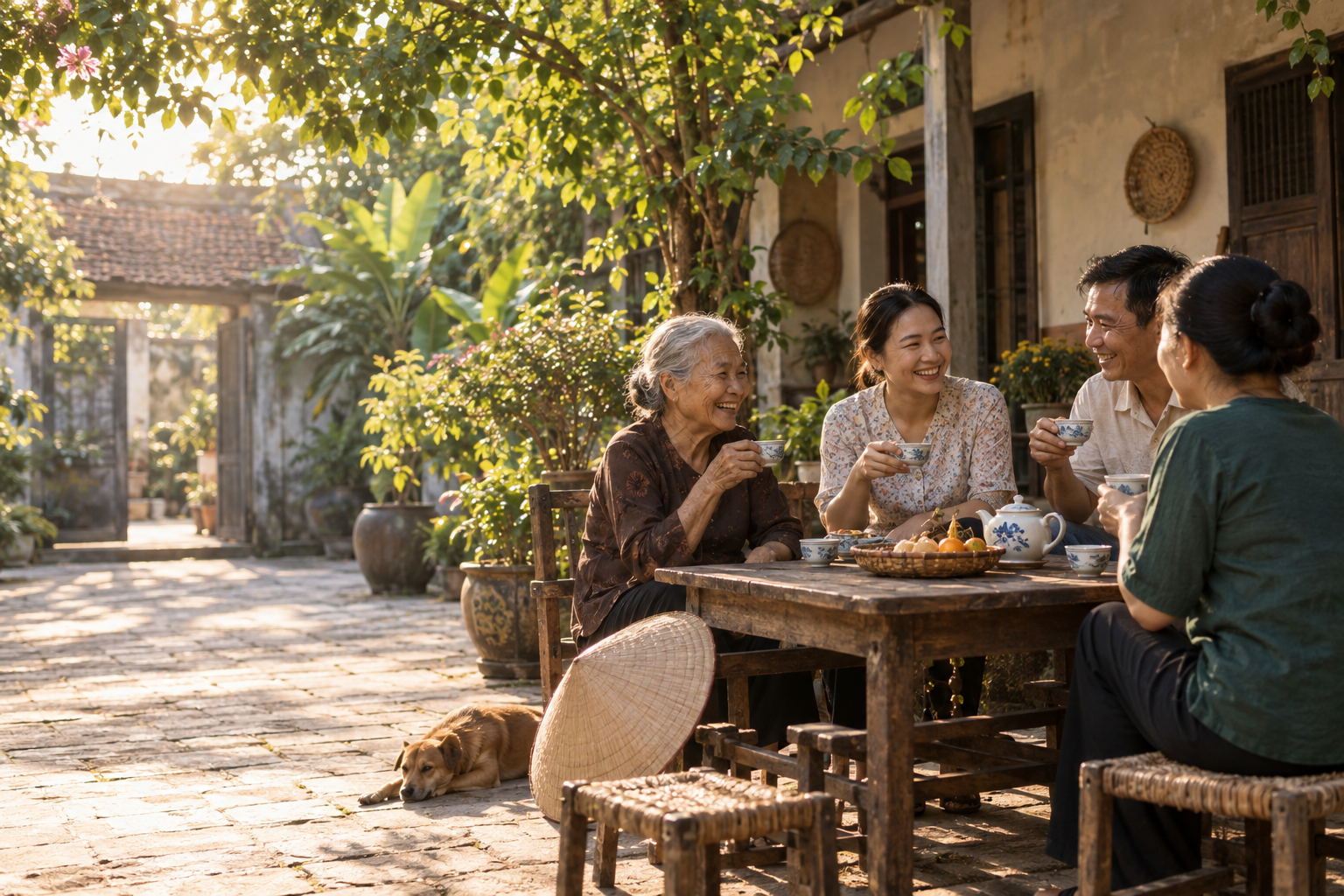 Nhóm người Việt Nam trò chuyện bên bàn trà trong một khu vườn